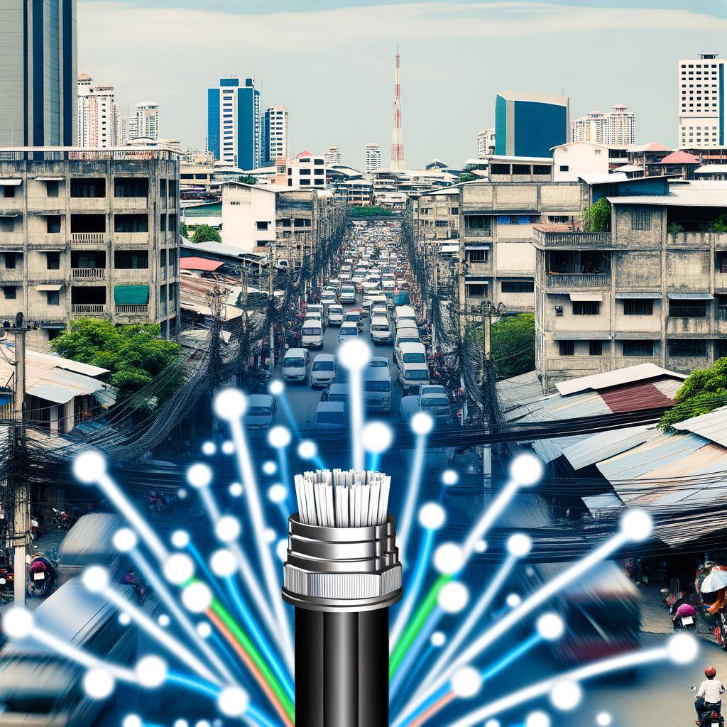 An illustration of an HFC (Hybrid Fibre Coaxial) cable connection in an urban environment. Include elements such as concrete buildings of various heights, bustling streets, crowded sidewalks and passing vehicles. Make sure to visually depict the sophisticated network of cables stretching from the main communication tower to individual houses and apartments, showcasing the distribution of the internet and TV signals within the city.
