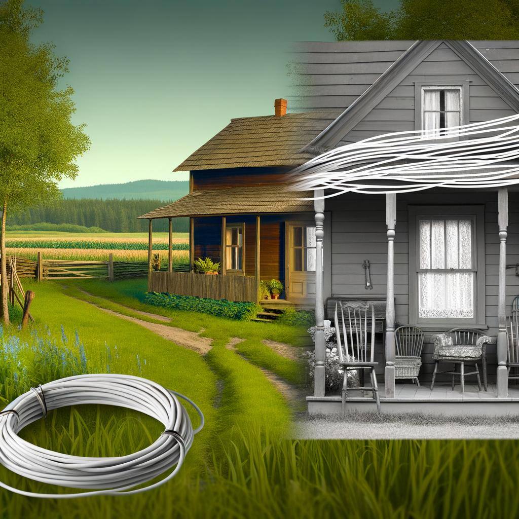 Visualize a rural home, infused with tranquility and simplicity of the countryside. Picture an old-fashioned wooden house nestled among lush fields and tall trees. You can almost hear the chirping of the birds and the rustling of the leaves. Inside the house, there's a sense of timelessness, with vintage furniture and an heirloom mantelpiece. Yet weaving this nostalgic scene with the modern world, there's a DSL connection in the home—a stark contrast, symbolizing the intrusion of technology into this serene rural life. The cables associated with the DSL connection can be seen neatly arranged, reminding us of the digital connectivity that permeates our present-day life.